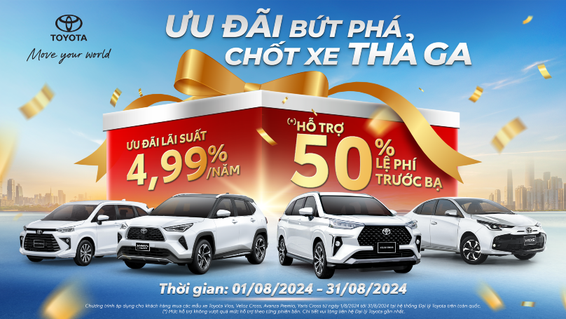 Khuyến Mại Toyota Vios, Veloz Cross, Avanza Premio, Yaris Cross giảm 50% thuế trước bạ tháng 8/2024